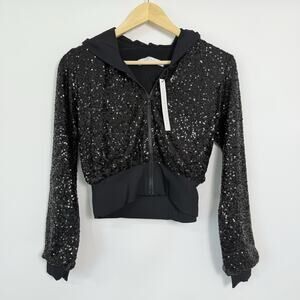 Susana Monaco Sequin Zip Hoodie Jacket Size S Black Cropped Glam‎ Streetwear